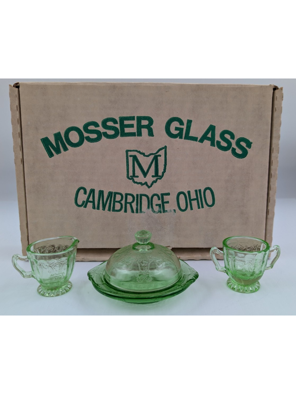 Vintage Mosser Green Glass Miniature Jennifer Set #1 - Butter Creamer Sugar Bowl